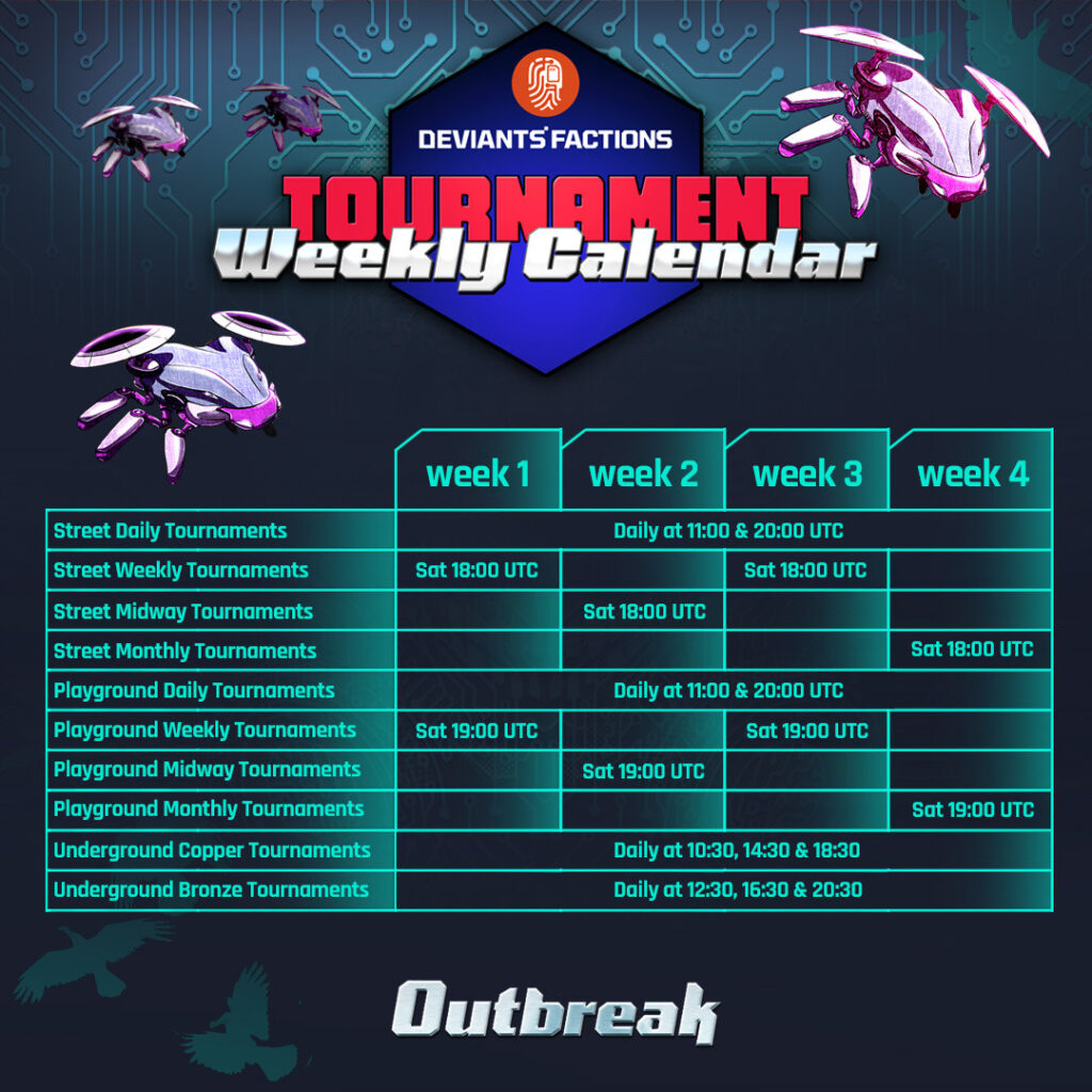 tournament schedule for Deviants' Factions