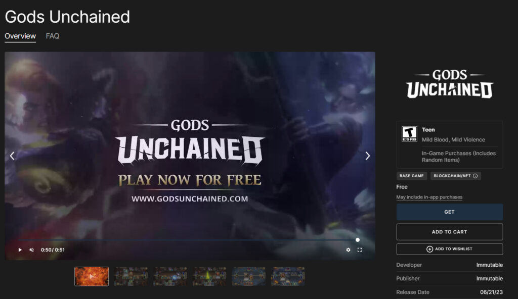 Gods Unchained in the Epic Games store